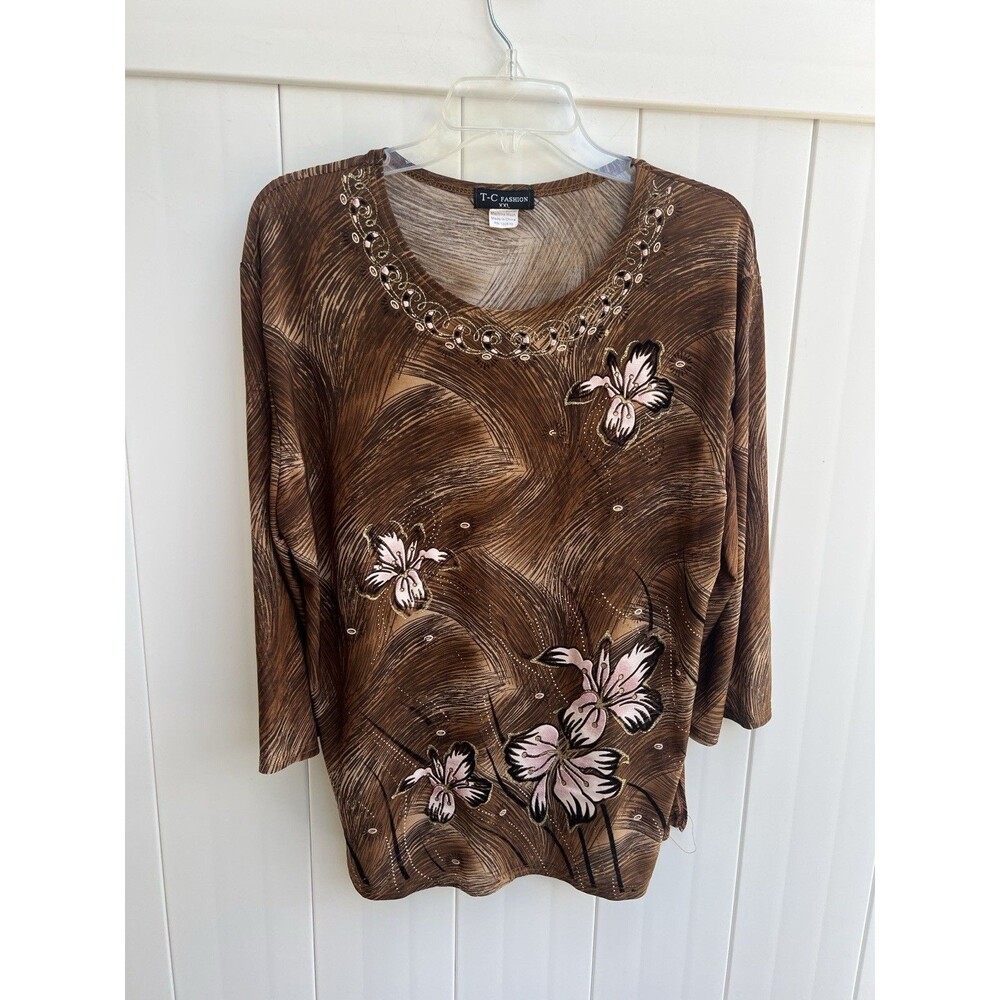 T-C Fashion Top Womens Floral Lightweight Semisheer XXL Vintage